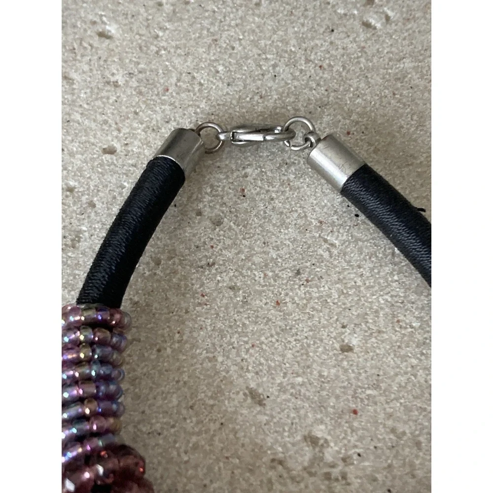 Purple Beaded Bracelet Black Cord Silver Tone Dark Romantic Fairy Chunky